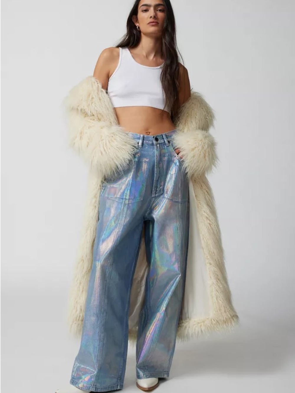 Neon Denim Leroy Coated Wide-Leg Jean Silver Iridescent Size 28